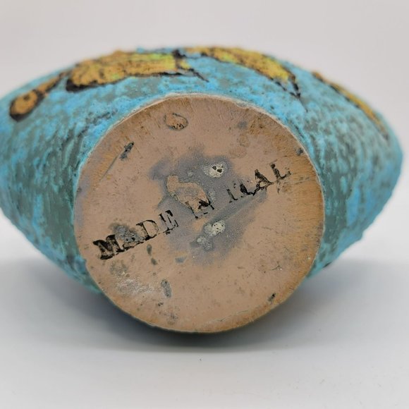 Vintage MCM Italian Pottery Basket Blue Lava Glaze With Yellow Leaf 8" Hand Pain - Picture 5 of 13